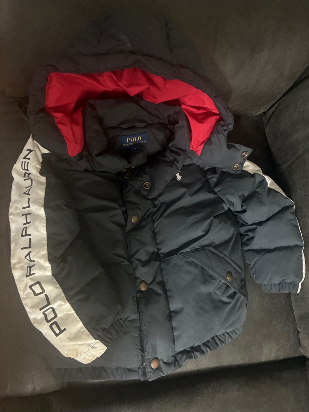 Polo by Ralph Lauren Kids Navy Puffer Jacket with Red Hood Lining